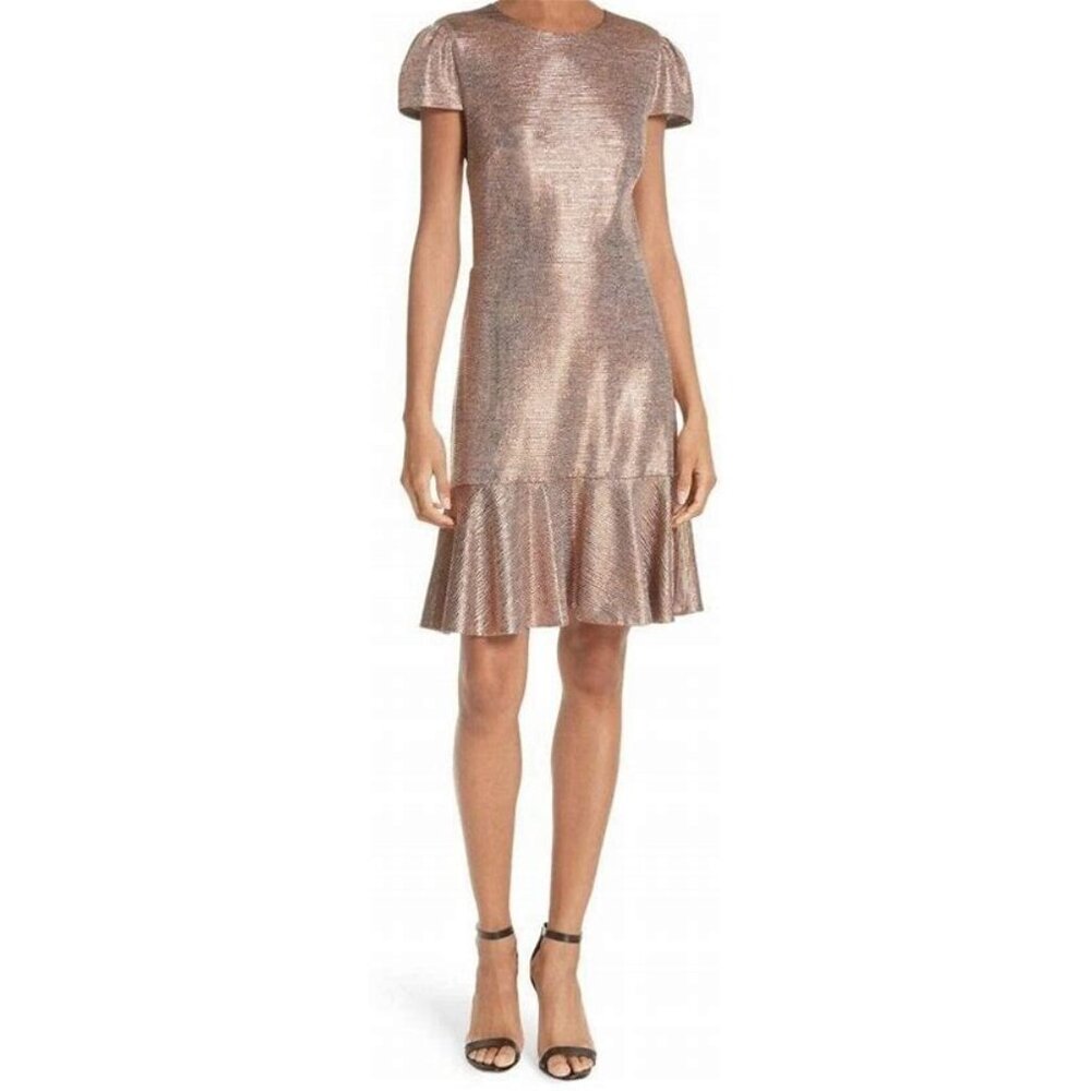 Alice + Olivia Imani Ruffle Hem Rose Gold Textured Dress Size Small